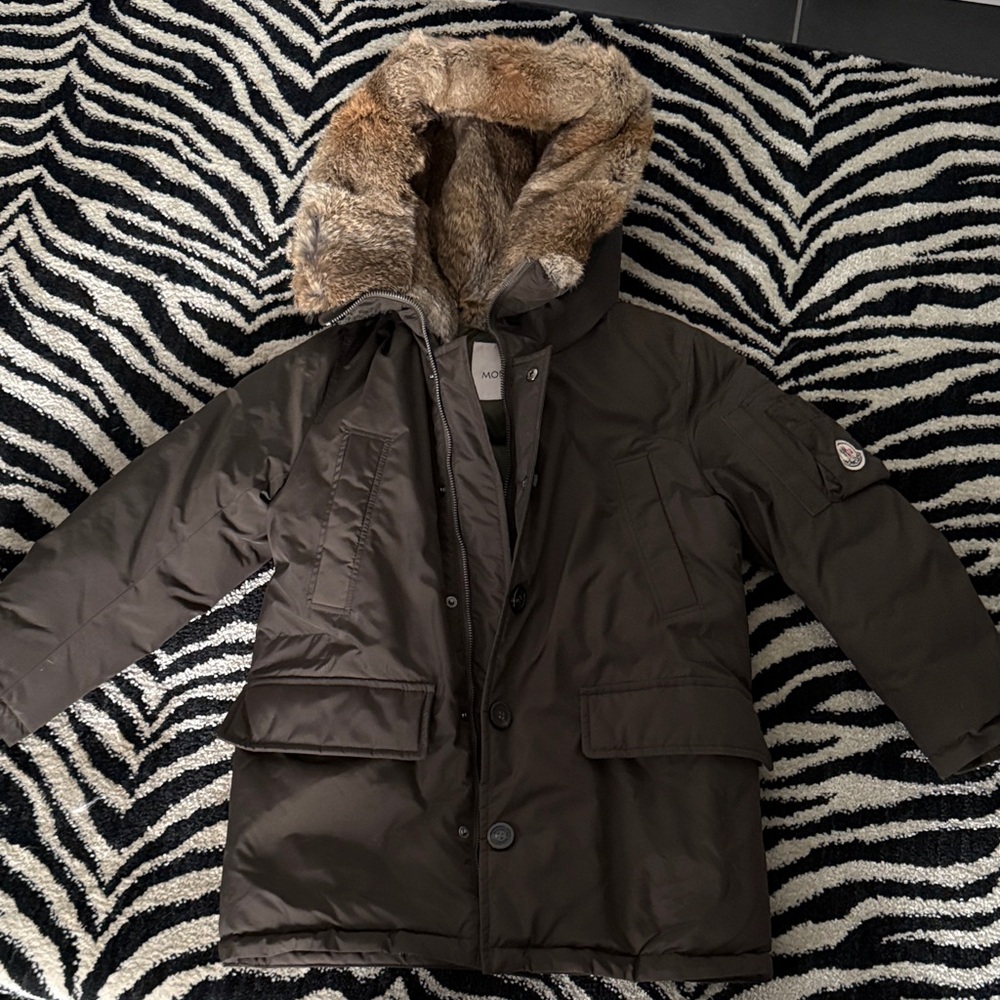 Moncler Kids Dark Brown Puffer Coat with Fur Hood and partial rabbit fur lined.